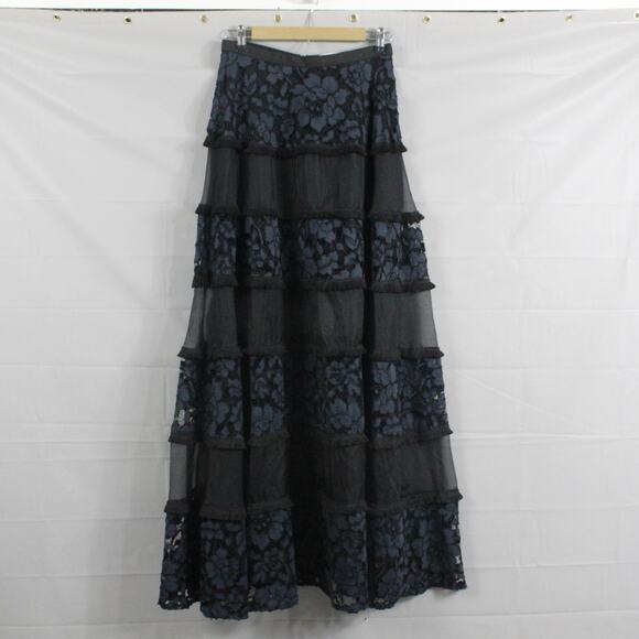 Alexis Skirt Medium Emil Tiered Maxi Black Lace Fringe Trim Silk Romantic Gothic - Picture 1 of 7